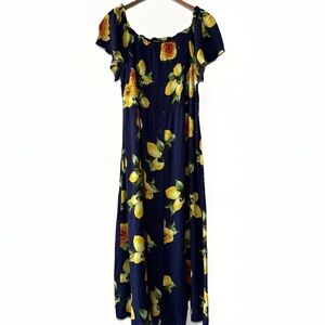Always Indigo Women's Lemon Midi Dress Size 2x Smocked Bodice Navy Short Sleeve